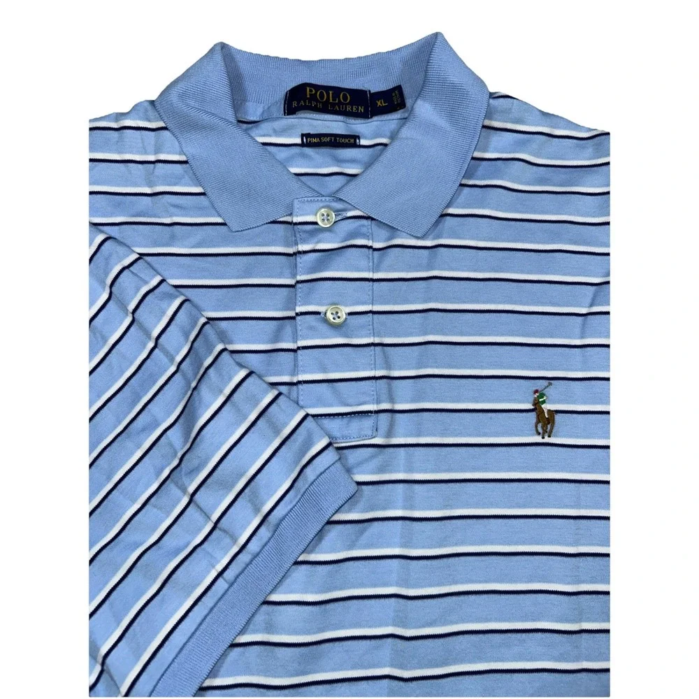 Pooo Ralph Lauren Pima Cotton Men's XL Baby Blue Navy White Stripes Flesh Pony